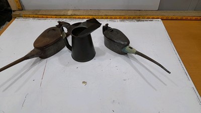 Lot 86 - BOX OF OIL CANS , OIL JUG, 3X BEER TAPS