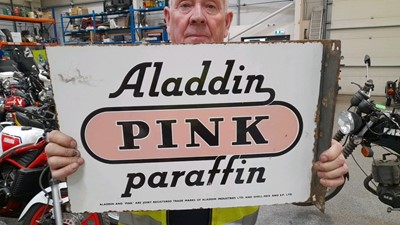 Lot 91 - ALADIN PINK PARAFFIN DOUBLE-SIDED HANGING ENAMEL SIGN