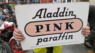 Lot 91 - ALADIN PINK PARAFFIN DOUBLE-SIDED HANGING ENAMEL SIGN