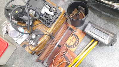 Lot 419 - TIN TRUNK WITH ASSORTED PARTS INC VERNIER CALIPERS , S.I.P IMPACT GUN, PORTABLE AIR COMPRESSOR 230V