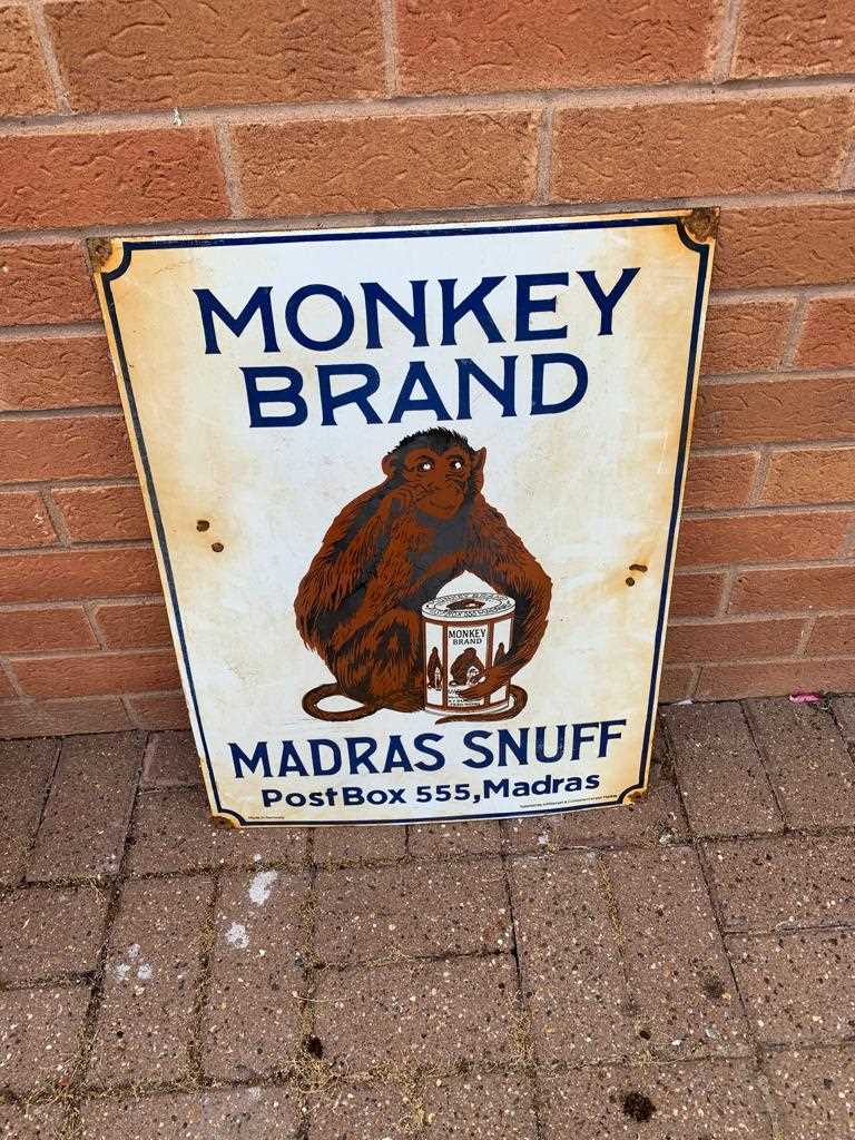 Click for high resolution Lot 49 - MONKEY BRAND MADRAS SNUFF ENAMEL SIGN