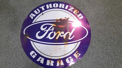 Lot 21 - ROUND FORD GARAGE  METAL  REPRO SIGN 39"