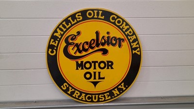 Lot 443 - ROUND EXCELSIOR MOTOR OIL WOODEN HAND PAINTED SIGN  27"