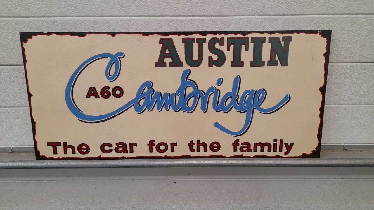 Click for high resolution Lot 149 - WOODEN HAND PAINTED AUSTIN CAMBRIDGE SIGN  32" X 14"