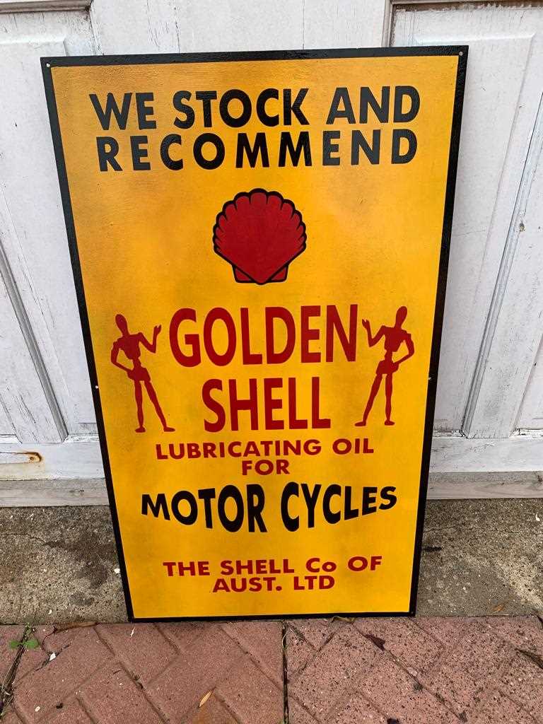 Lot 49 - GOLDEN SHELL MOTOR CYCLES SIGN 19.5" X 34.5"