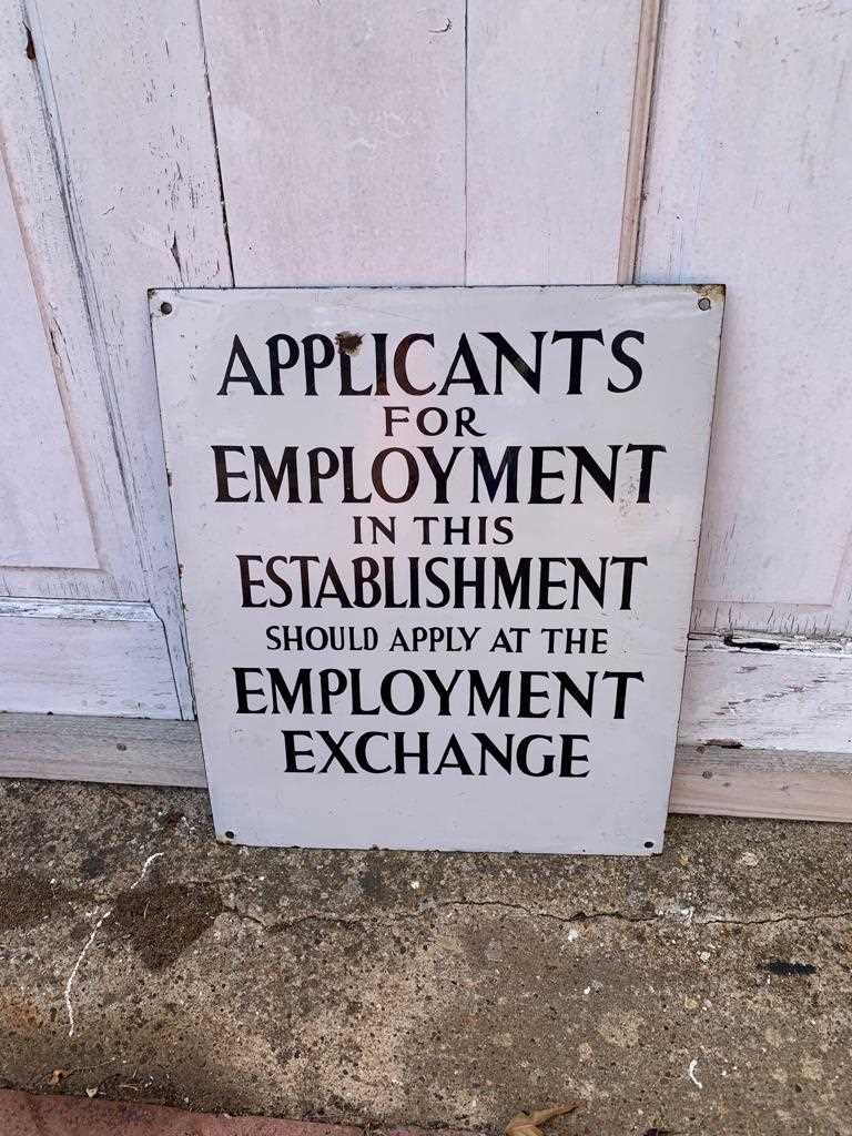 Click for high resolution Lot 175 - EMPLOYMENT EXCHANGE ENAMEL SIGN 14" X 17"