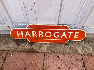 Lot 199 - RAILWAY SIGN HARROGATE ENAMEL SIGN 10" X 36"