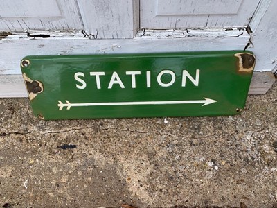 Lot 359 - RAILWAY STATION GREEN ENAMEL SIGN 5.5" X 18"