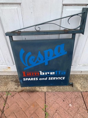 Lot 615 - VESPA, LAMBRETTA SPARES AND SERVICE DOUBLE SIDED HANGING SIGN 34" X 27"