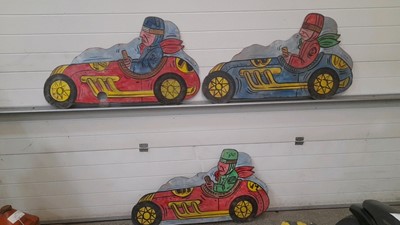 Lot 529 - 3X WOODEN PAINTED FAIRGROUND RACING CAR SIGNS 43" X 24"