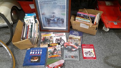 Lot 691 - 3 X BOXES OF AUTOMOBILIA BOOKS AND FORMULA 1 PRINT