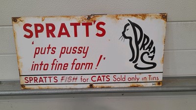 Lot 138 - SPRATTS CAT FOOD ENAMEL SIGN 24" X 12"