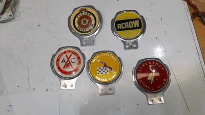 Lot 259 - 5X BADGES CAMPING CLUB,STREATHAM STOCK CLUB, METAL CLOSURE CLUB, KLAXON CLUB + ACROW MOTOR CLUB