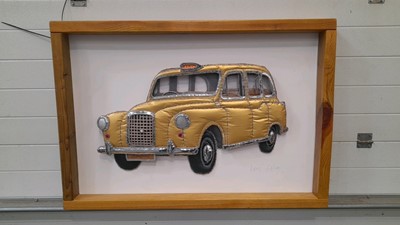 Lot 161 - GOLD TAXI CREATED  USING RECYCLED FABRIC & CARDBOARD 43" X 30"