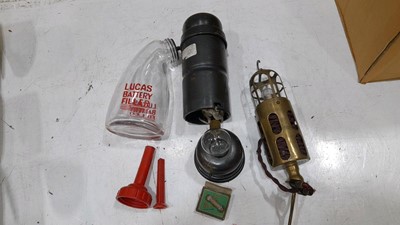 Lot 442 - LUCAS BATTERY FILLER , STEEL BULB HOLDER AND BRASS WANDER LIGHT