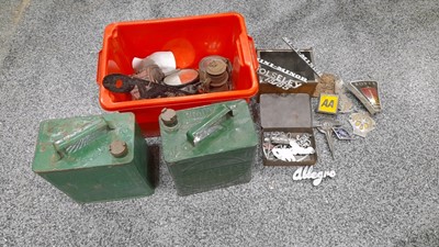 Lot 688 - 2X PETROL CANS AND BOXES OF BADGES , LAMPS , ETC