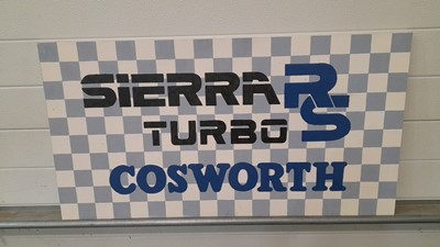 Lot 544 - HAND PAINTED WOODEN SIERRARS TURBO COSWORTH SIGN 48" X 19"