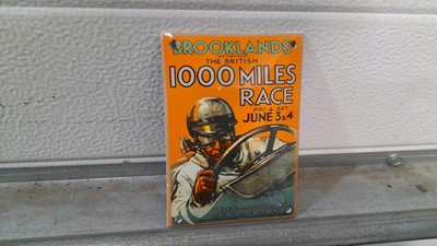 Lot 579 - BROOKLANDS 1000 MILES RACE ENAMEL SIGN 4" X 5.5"  ( REPRO )