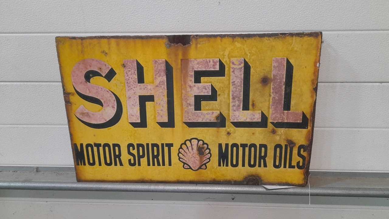 Lot 78 - SHELL MOTOR SPIRIT MOTOR OIL DOUBLE SIDED HANGING SIGN  24" X 15"