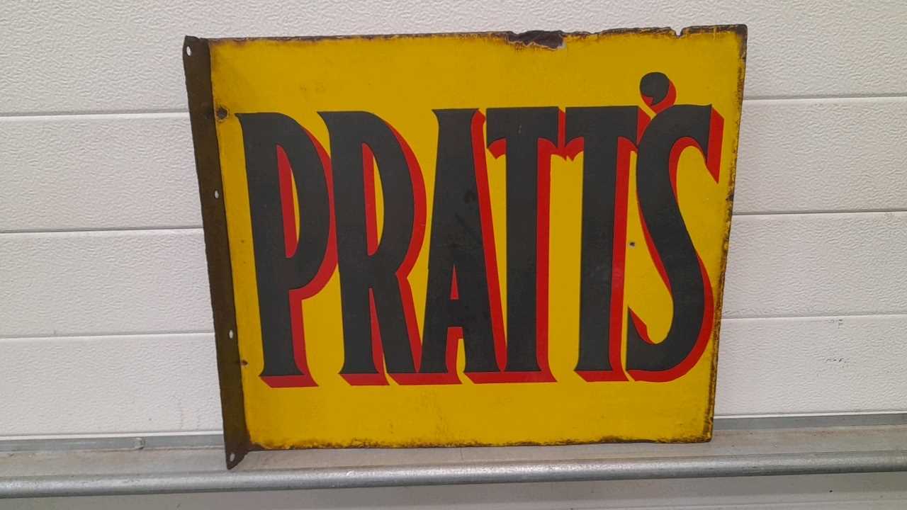 Lot 357 - PRATT'S DOUBLE SIDED HANGING ENAMEL SIGN   21" X 18"