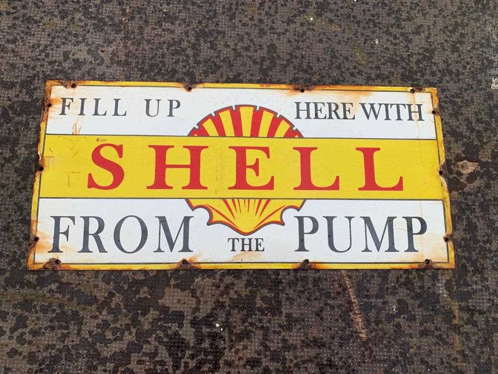 Lot 90 - FILL UP HERE WITH SHELL FROM THE PUMP ENAMEL SIGN  21" x 10"