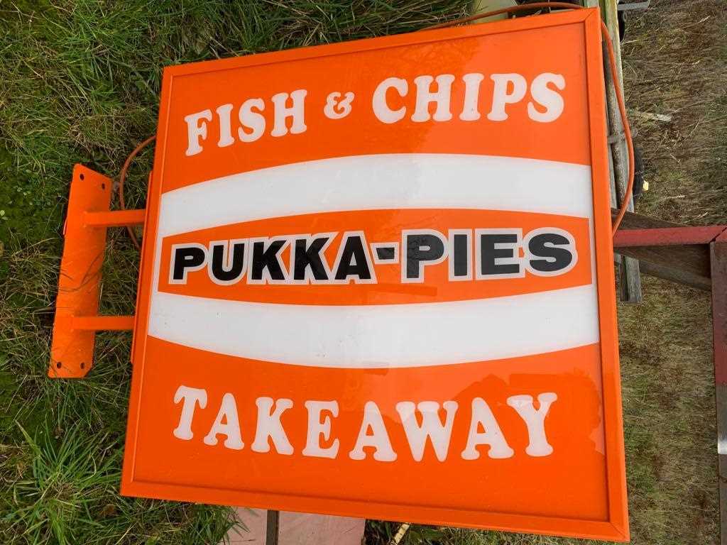 Lot 424 - PUKKA-PIES FISH & CHIPS TAKEAWAY WALL MOUNTED LIGHT-UP SIGN  30" X 30"