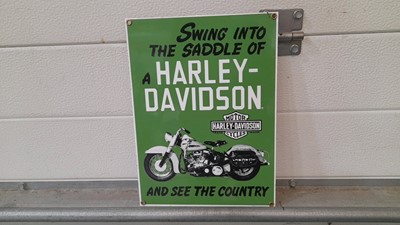 Lot 444 - SWING INTO THE SADDLE OF A HARLEY DAVIDSON AND SEE THE COUNTRY REPRO SIGN 12" X 9"