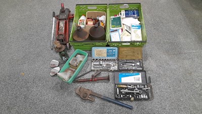 Lot 428 - 2 BOXES OF TOOLS, LAMPS, TROLLEY JACK AND VARIOUS MAPS (PROCEEDS TO CHARITY)