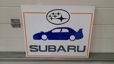 Lot 396 - HAND PAINTED SUBARU SIGN ON CANVAS 16" X 20"