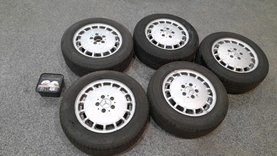 Lot 591 - 5X MERCEDES 5 STUD ALLOY WHEELS + TYRES INC WHEEL NUTS 195/65 R 15