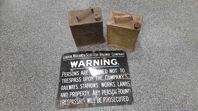 Lot 627 - PRATTS/SHELL MEX PETROL CANS & LONDON MIDLAND RAILWAY SIGN