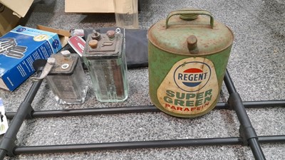 Lot 636 - REGENT SUPER GREEN PARAFFIN CAN + ESSO LUBE BOTTLE & ASSORTED PARTS