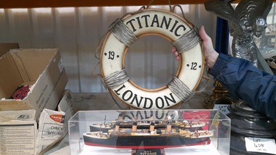 Lot 508 - LIFE BUOY ( 1912 ) AND TITANIC MODEL IN DISPLAY CASE 21" LONG