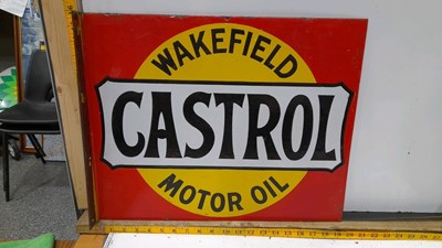 Lot 591 - CASTROL WAKEFIELD 1920'S , DOUBLE SIDED WALL MOUNTED ENAMEL SIGN  20" X 16"