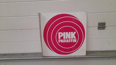 Lot 35 - PINK PARAFFIN DOUBLE SIDED WALL MOUNTED  TIN SIGN  16" X 16"