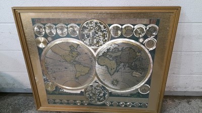 Lot 43 - TWO BRASS + COPPER INLAID FRAMED OFFICE MAPS, GLOBE & TRENCH ART