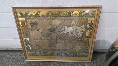 Lot 43 - TWO BRASS + COPPER INLAID FRAMED OFFICE MAPS, GLOBE & TRENCH ART