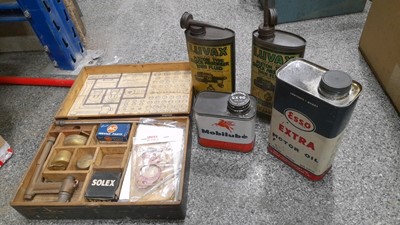 Lot 14 M - BOX OF OIL TINS ESSO EXTRA ,   MOBILE MULTILUBE, AND LUVAX OIL