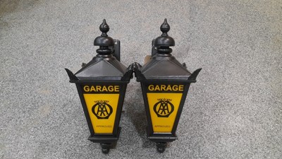 Lot 233 - PAIR OF VINTAGE STYLE AA GARAGE WALL MOUNTED LANTERNS  12" X 9" OVERALL L 24"