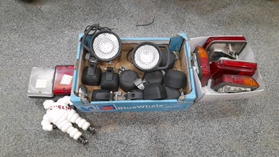 Lot 52M - 2 BOXES OF FRONT WORK LIGHTS AND REAR TAIL LIGHTS + SMALL PLASTIC MICHELIN MAN