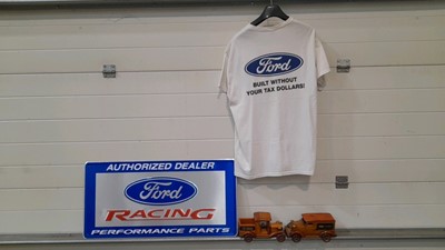 Lot 90 - FORD RACING REPRO TIN SIGN & FORD T SHIRT + 2X WOODEN MODEL T TRUCKS