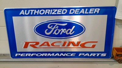 Lot 90 - FORD RACING REPRO TIN SIGN & FORD T SHIRT + 2X WOODEN MODEL T TRUCKS