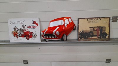 Lot 96 - OLD METAL CAR,3X REPRO SIGNS & FRAMED MOTOR BIKE PICTURE