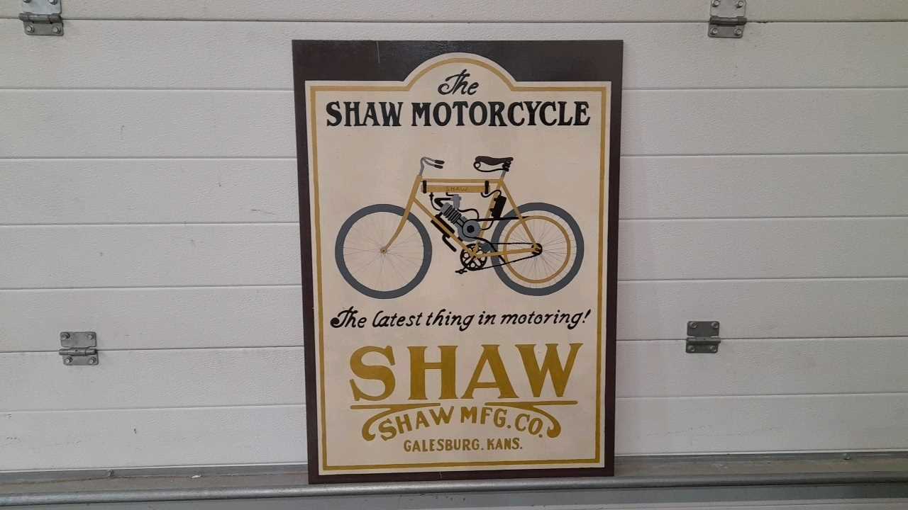 Lot 596 - WOODEN HAND PAINTED SHAW MOTORCYCLES SIGN 24" X 33"