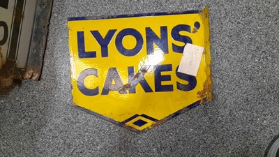 Lot 26 - LYONS CAKES , DOUBLE SIDE WALL MOUNTED SIGN 18" X 15"