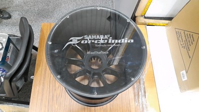 Lot 440 - FORCE INDIA FORMULA 1 TEAM RACE WHEEL COFFEE TABLE  ENGRAVED