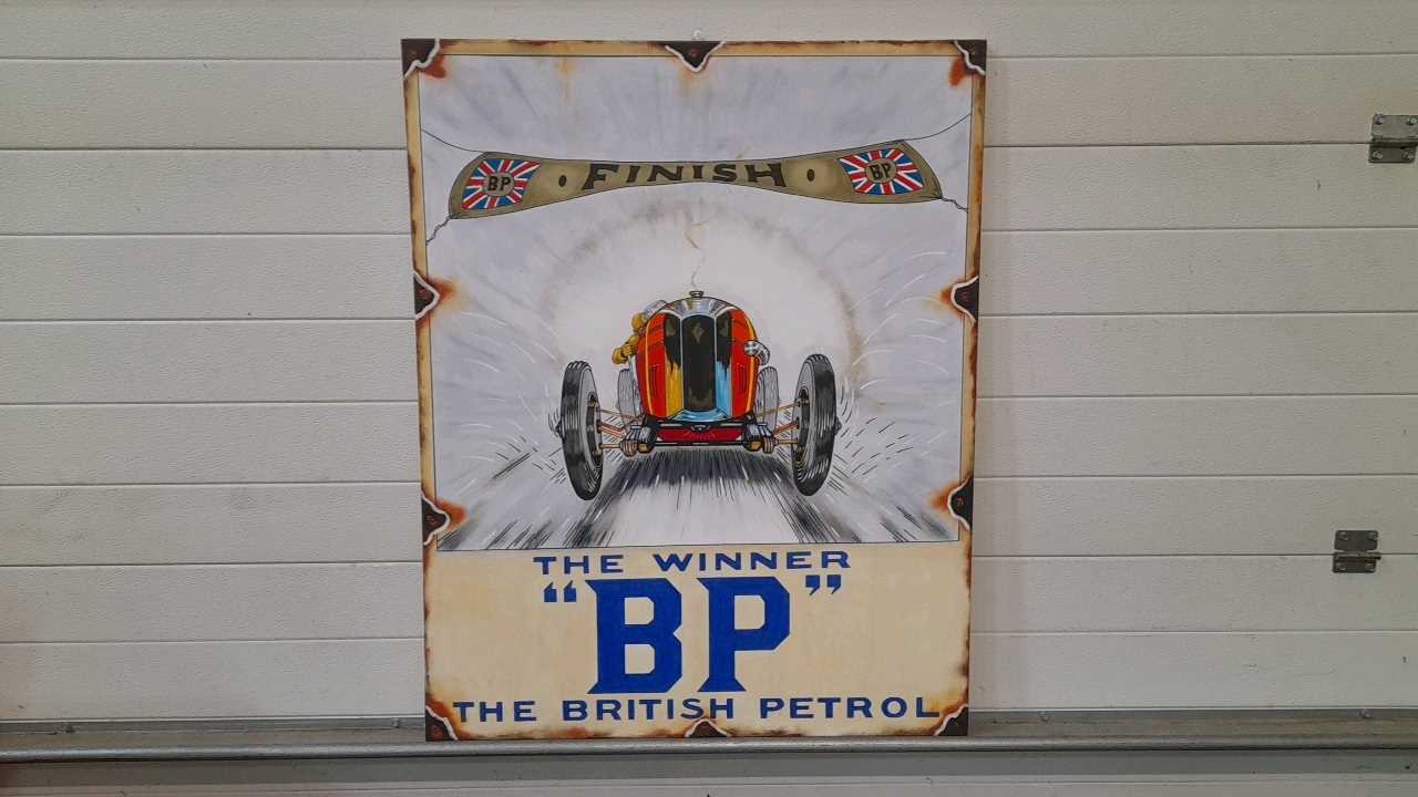 Lot 561 - HAND PAINTED BP THE BRITISH PETROL CANVAS SIGN 27.5" X 39"