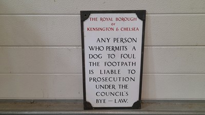 Lot 255 - ROYAL BOROUGH OF KENSINGTON & CHELSEA ENAMEL DOG FOULING SIGN 16" X 9.5" DOUBLE SIDED