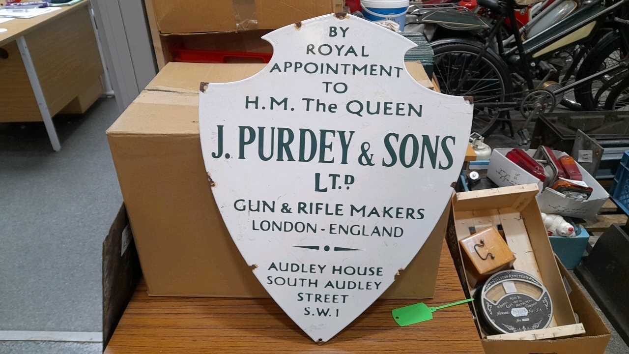 Lot 193 - PURDY BY ROYAL APPOINTMENT ENAMEL SIGN 20" x 15"