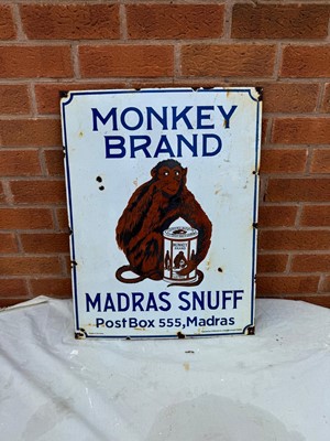 Lot 65 - MONKEY BRAND MADRAS SNUFF ENAMEL SIGN 24" X 18"